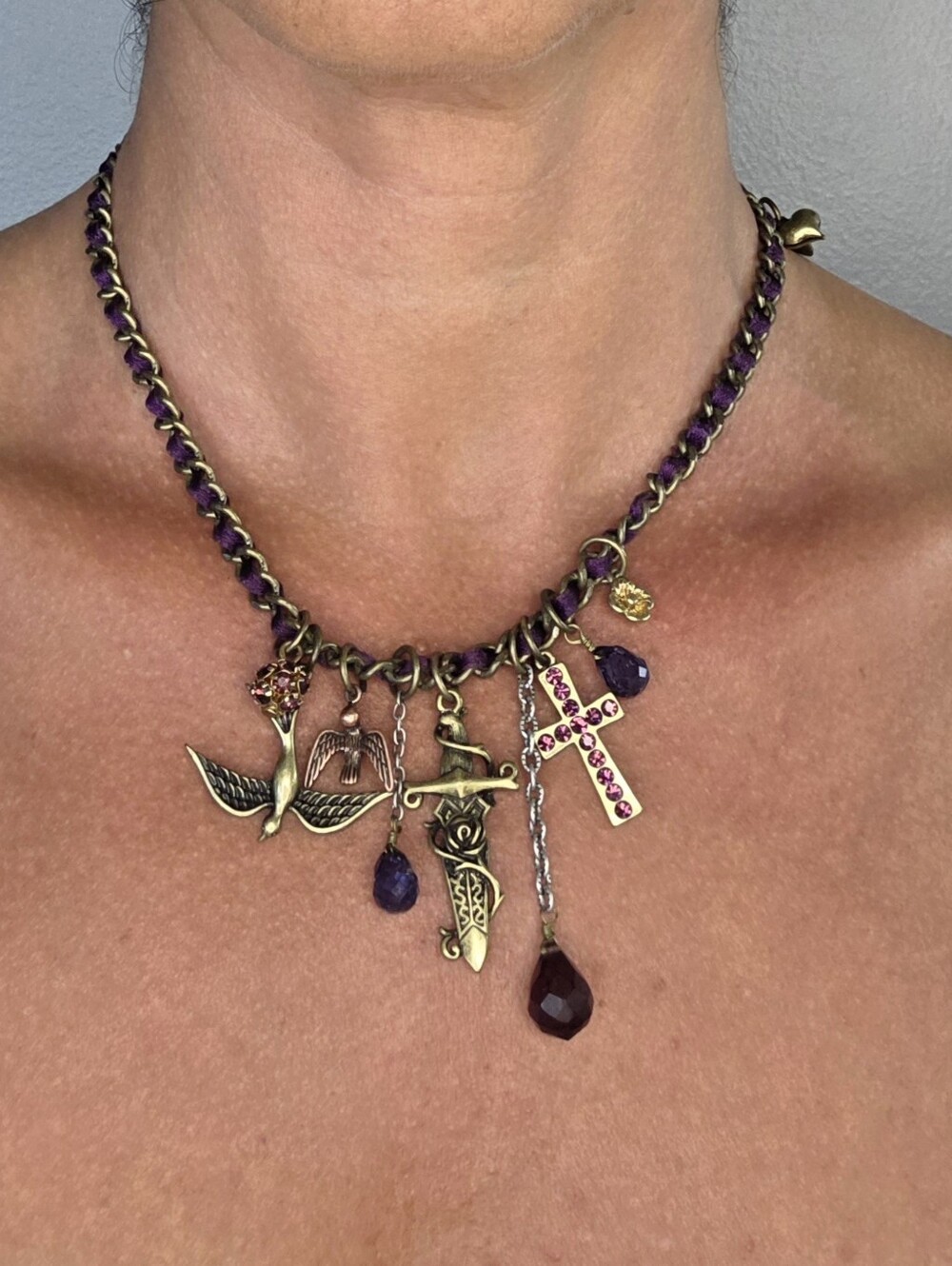 Betsy Johnson Vintage-Inspired Purple Charm Necklace with Cross and Dagger - Picture 3 of 3